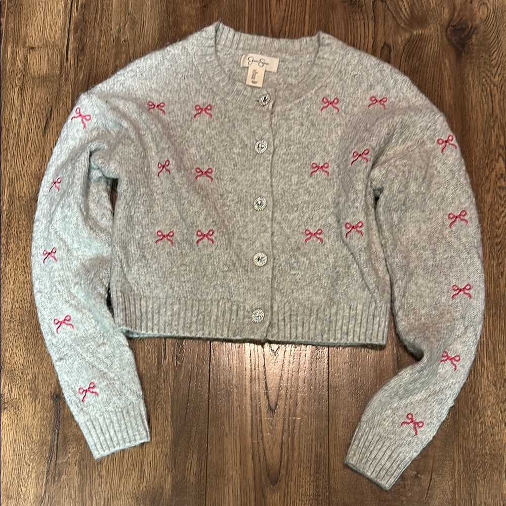 Gray Cardigan Sweater with Pink Bow Accents